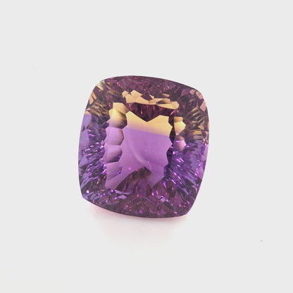 Ametrine Fantasy Cushion Cut 16.83 Ct – Purple and Golden Yellow Bi-Color Quartz